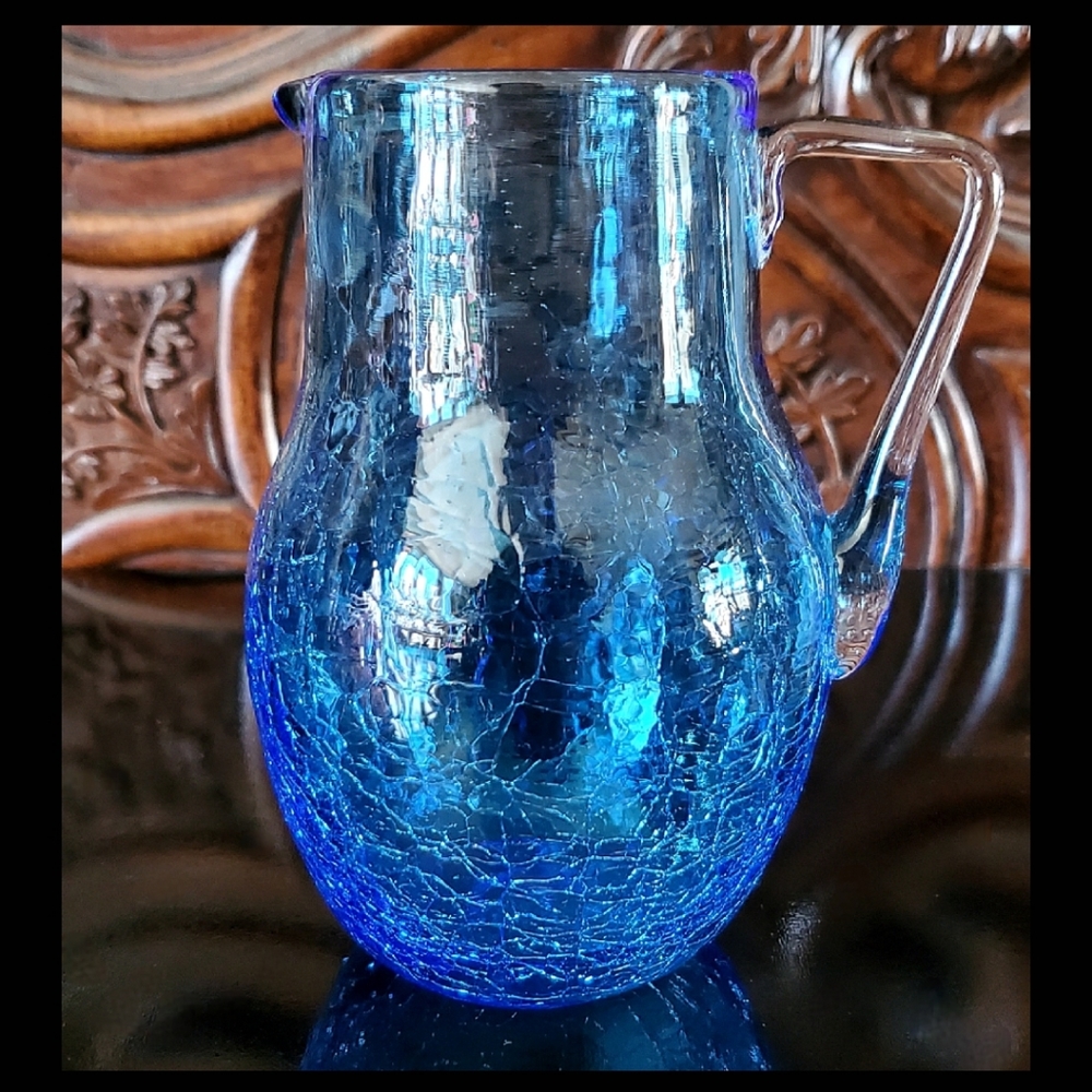 Vntg Blue Crackle 💙 Glass 5 1/2" Pitcher/Jug by Pilgrim Glass